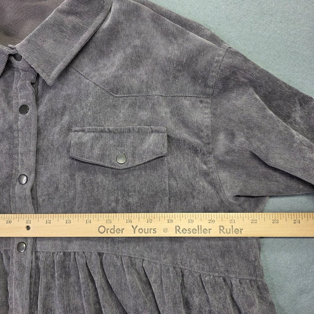 LILYMAES Shirt Womens Large Gray Corduroy Babydoll Peplum Snap Front Top Western - Picture 7 of 11